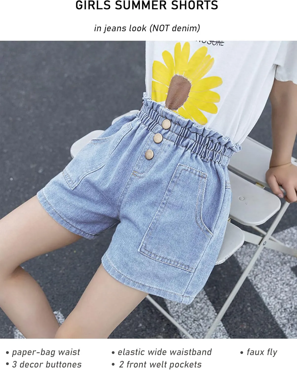 Kiench Girls' Casual Denim Shorts Summer Soft Pull On High Waisted with Pockets 3-Pack