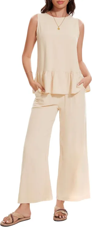 Kisswow Womens Linen Jumpsuits 2 Piece Outfits Summer Sleeveless Tops Matching Wide Leg Pants Woman