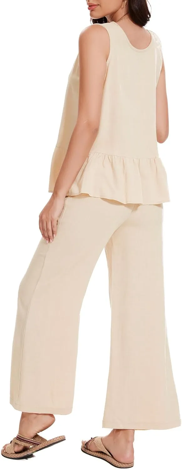 Kisswow Womens Linen Jumpsuits 2 Piece Outfits Summer Sleeveless Tops Matching Wide Leg Pants Woman