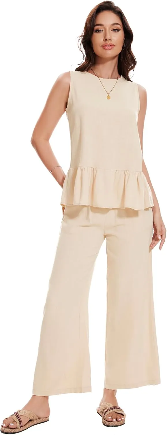 Kisswow Womens Linen Jumpsuits 2 Piece Outfits Summer Sleeveless Tops Matching Wide Leg Pants Woman