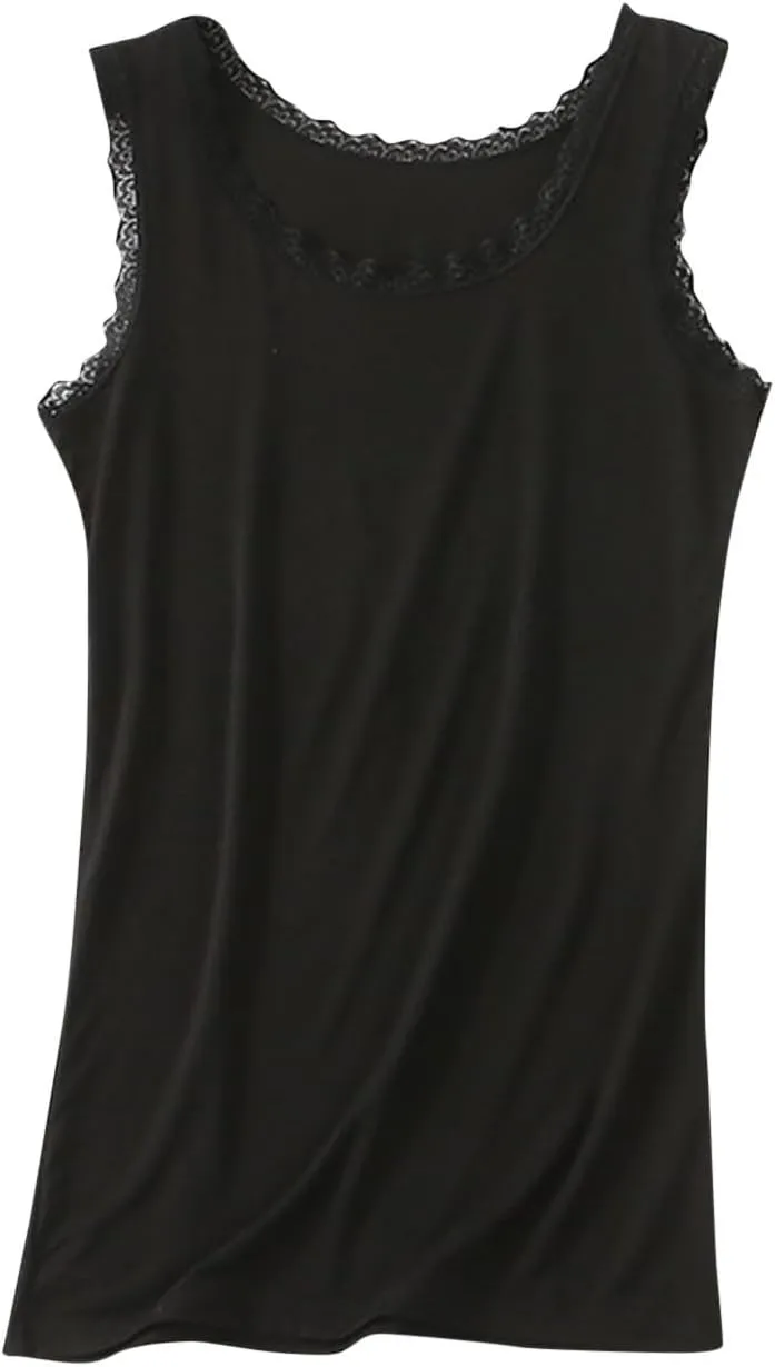 Lace Tank Tops for Women Plus Size Stretchy Sleeveless Undershirts Summer Blouse Lace Trim Tunic Tank Top