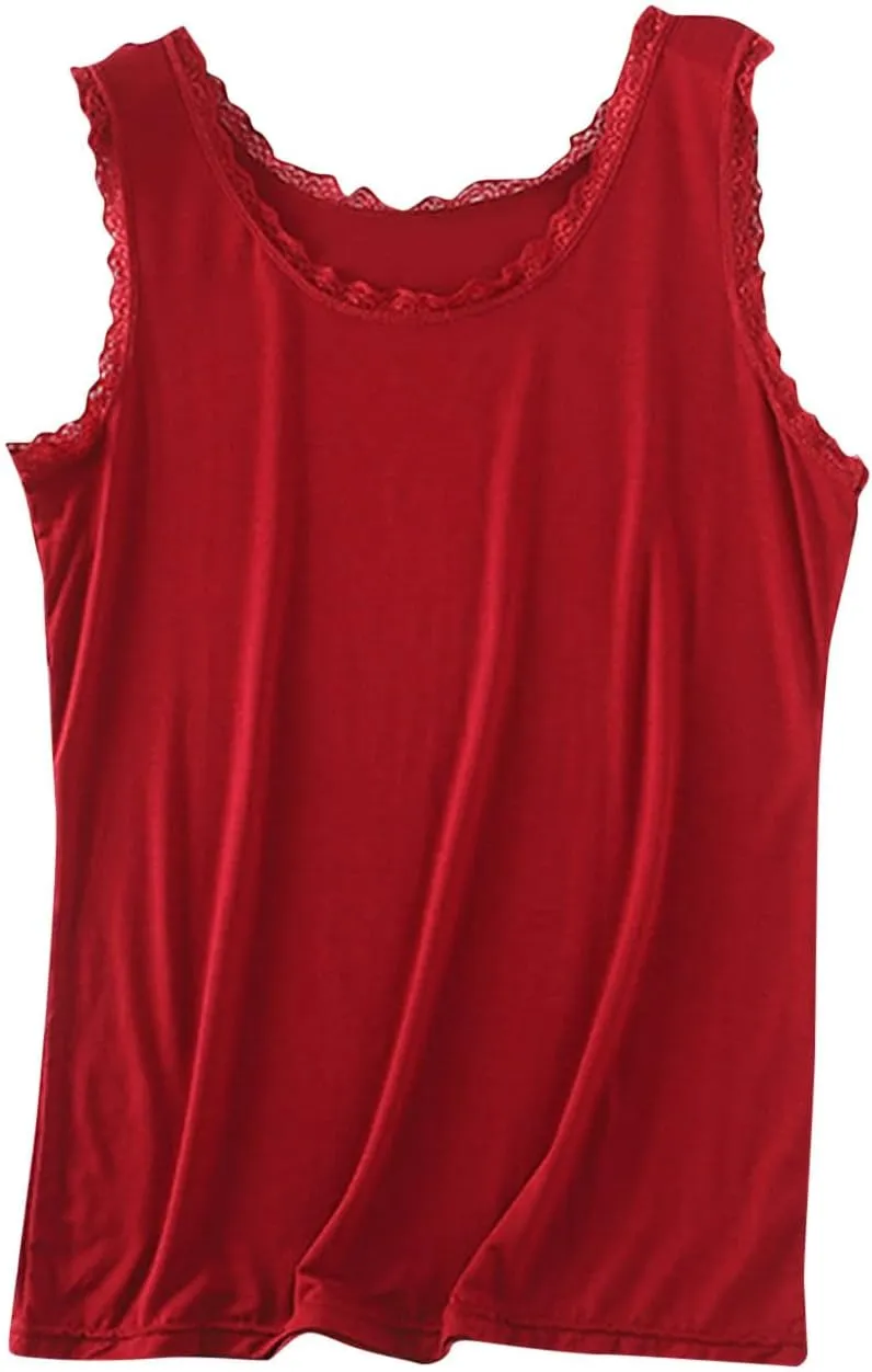 Lace Tank Tops for Women Plus Size Stretchy Sleeveless Undershirts Summer Blouse Lace Trim Tunic Tank Top