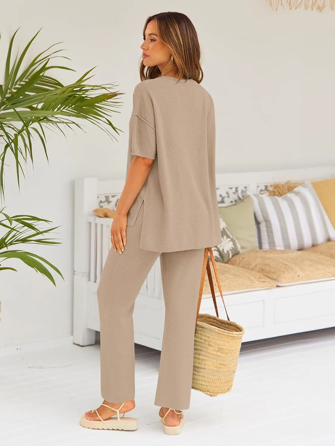 LILLUSORY Lounge Sets for Women 2 Piece Casual Outfits Matching Sets Short Sleeve Cozy knit Tops and Elastic Waisted Pants