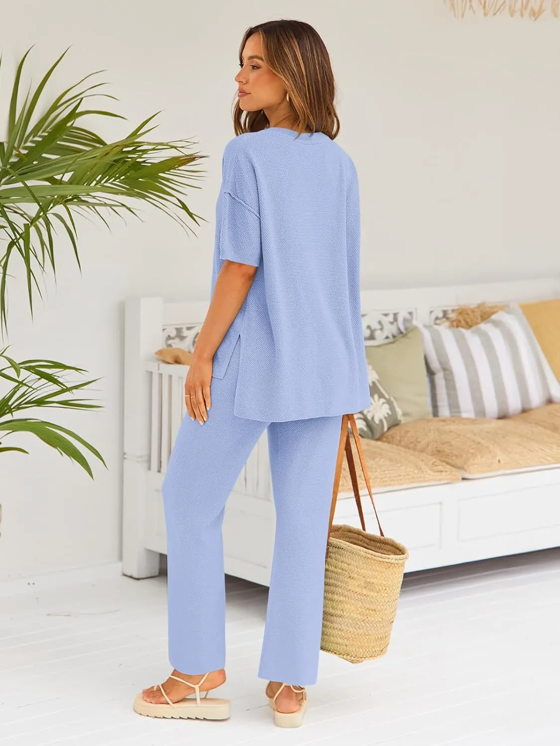 LILLUSORY Lounge Sets for Women 2 Piece Casual Outfits Matching Sets Short Sleeve Cozy knit Tops and Elastic Waisted Pants