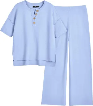 LILLUSORY Lounge Sets for Women 2 Piece Casual Outfits Matching Sets Short Sleeve Cozy knit Tops and Elastic Waisted Pants