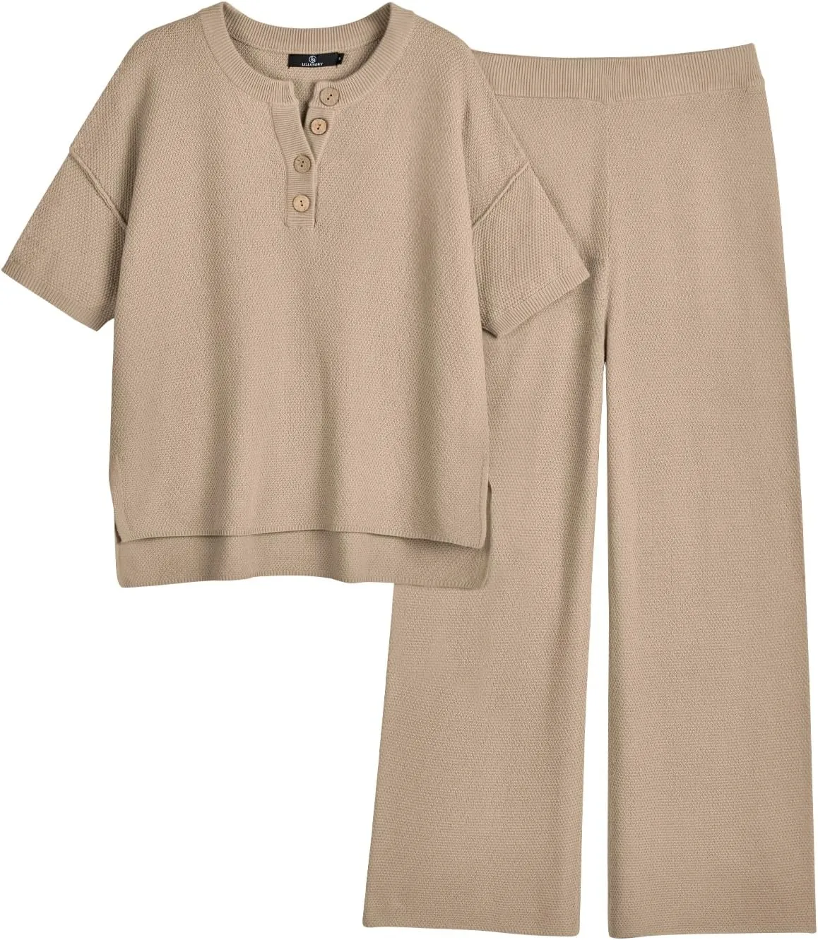 LILLUSORY Lounge Sets for Women 2 Piece Casual Outfits Matching Sets Short Sleeve Cozy knit Tops and Elastic Waisted Pants
