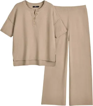LILLUSORY Lounge Sets for Women 2 Piece Casual Outfits Matching Sets Short Sleeve Cozy knit Tops and Elastic Waisted Pants