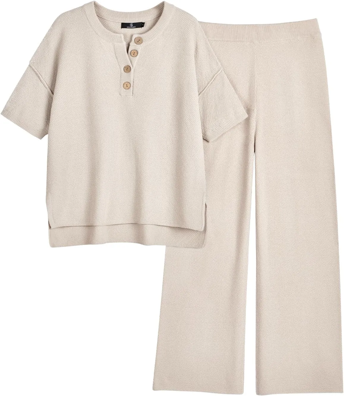 LILLUSORY Lounge Sets for Women 2 Piece Casual Outfits Matching Sets Short Sleeve Cozy knit Tops and Elastic Waisted Pants