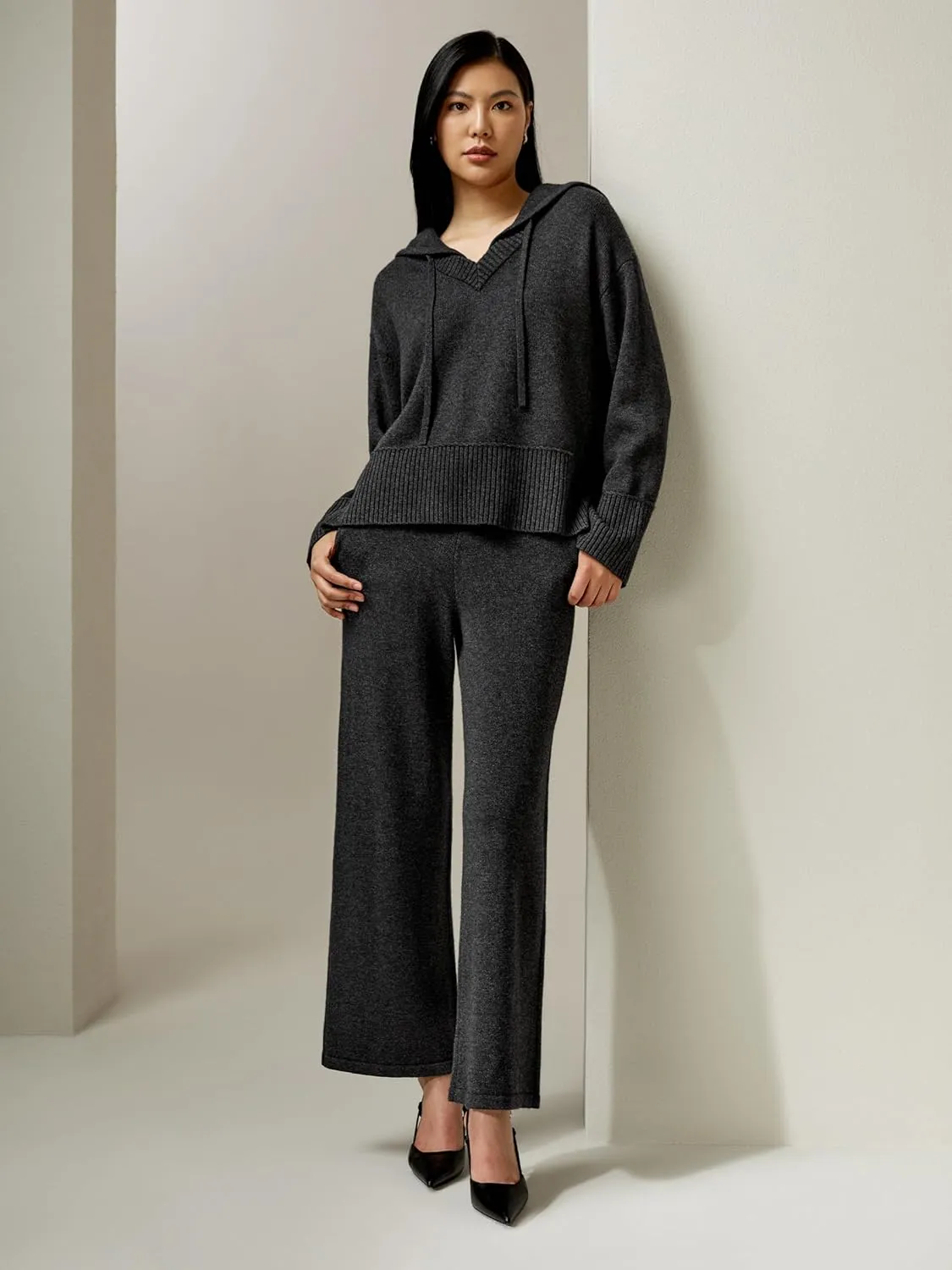 LilySilk Wool Cashmere Blend Hoodie Sweater for Womens V Neck Pullovers Hooded Casual Long Sleeve Knitted Top Winter