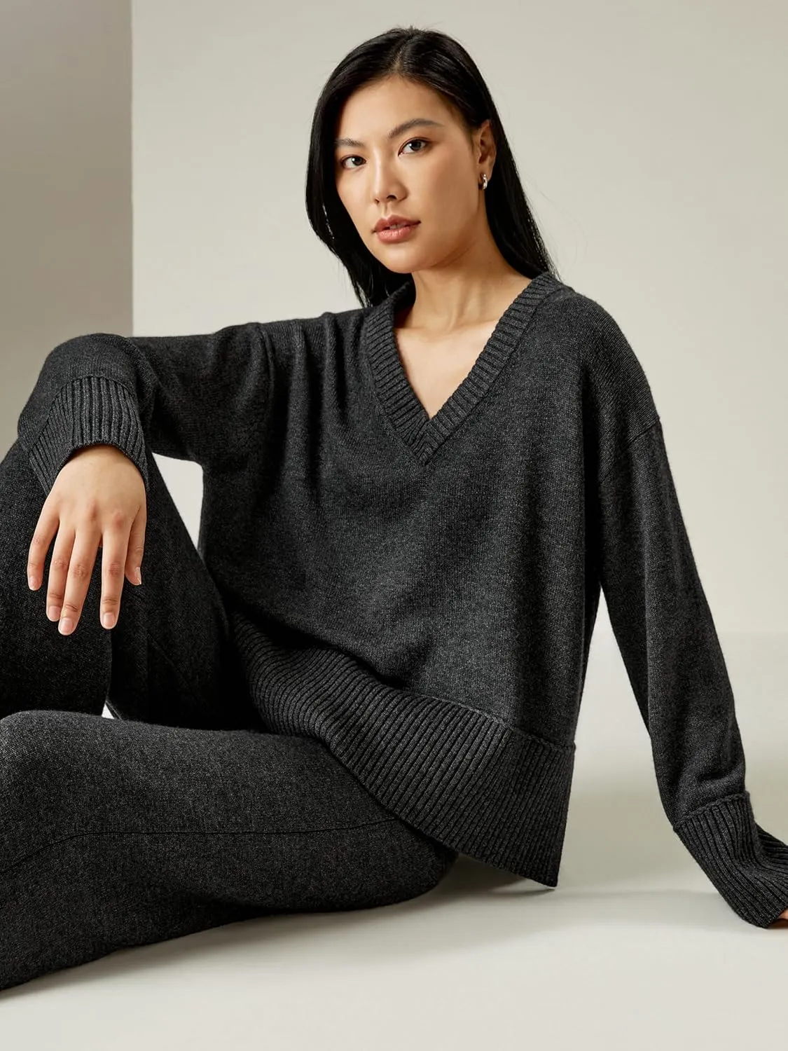 LilySilk Wool Cashmere Blend Hoodie Sweater for Womens V Neck Pullovers Hooded Casual Long Sleeve Knitted Top Winter