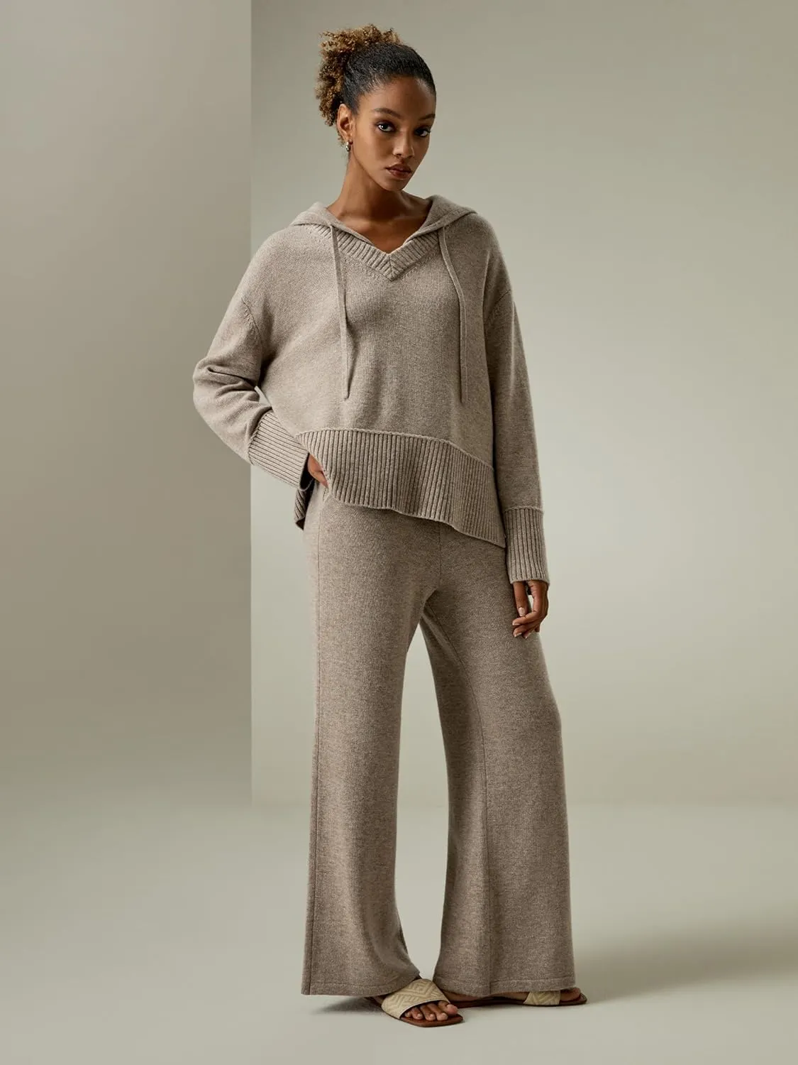 LilySilk Wool Cashmere Blend Hoodie Sweater for Womens V Neck Pullovers Hooded Casual Long Sleeve Knitted Top Winter