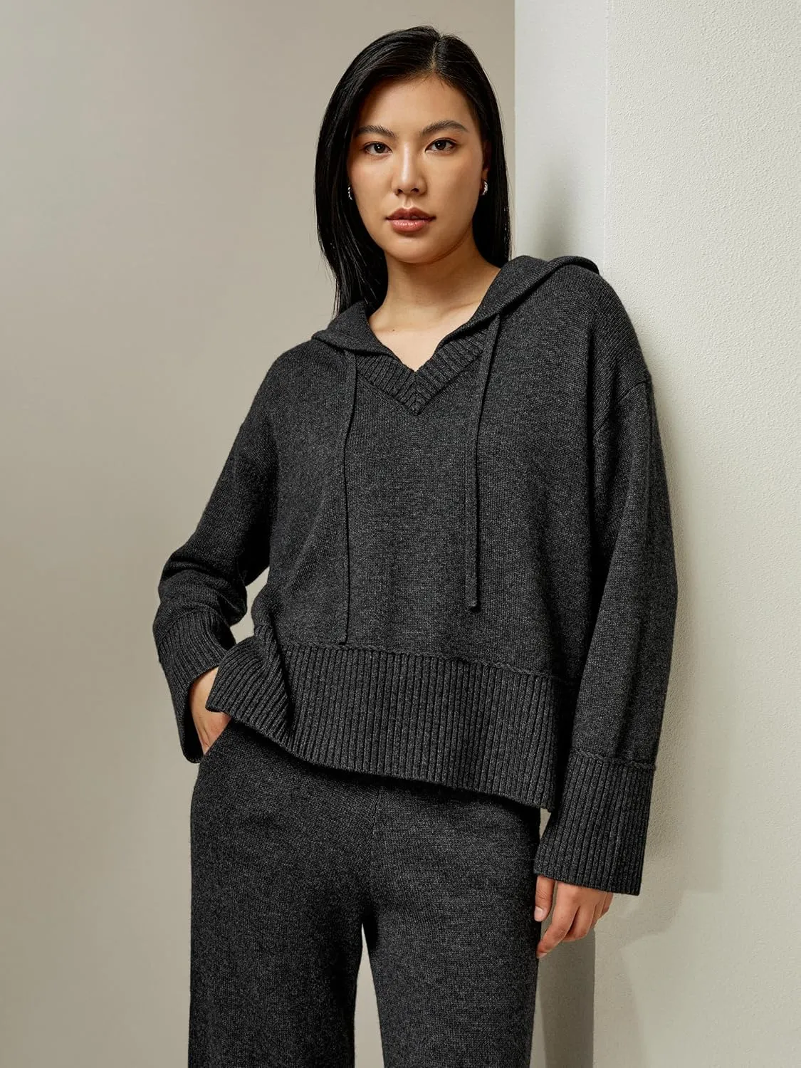 LilySilk Wool Cashmere Blend Hoodie Sweater for Womens V Neck Pullovers Hooded Casual Long Sleeve Knitted Top Winter