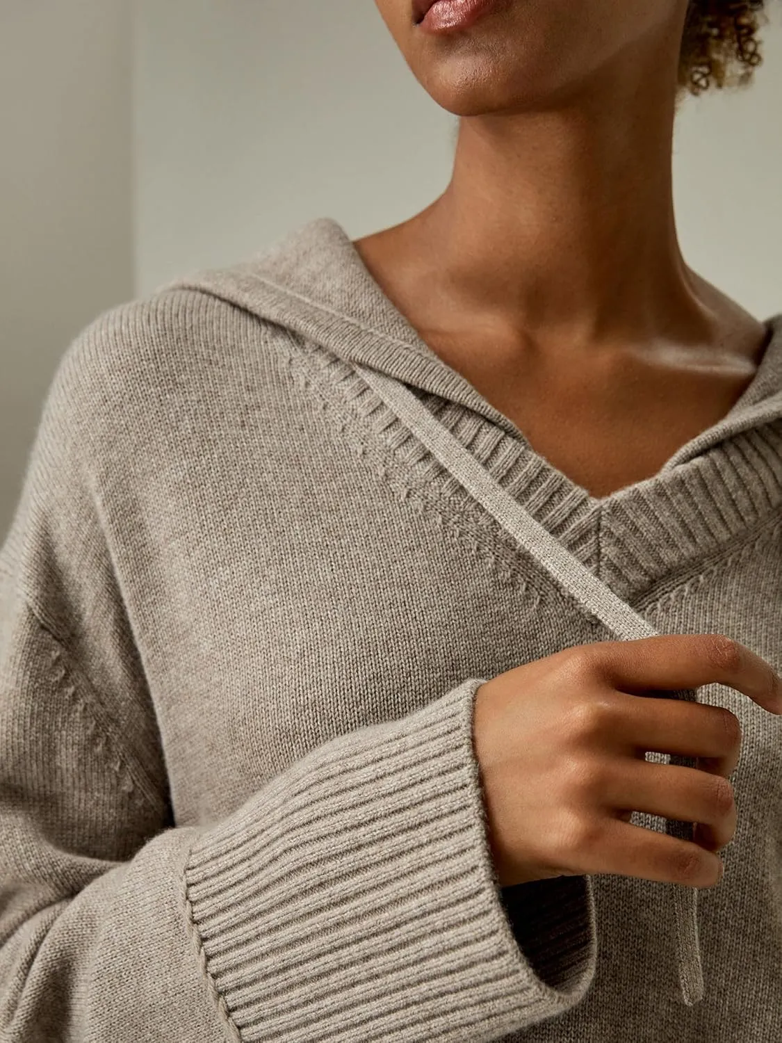 LilySilk Wool Cashmere Blend Hoodie Sweater for Womens V Neck Pullovers Hooded Casual Long Sleeve Knitted Top Winter