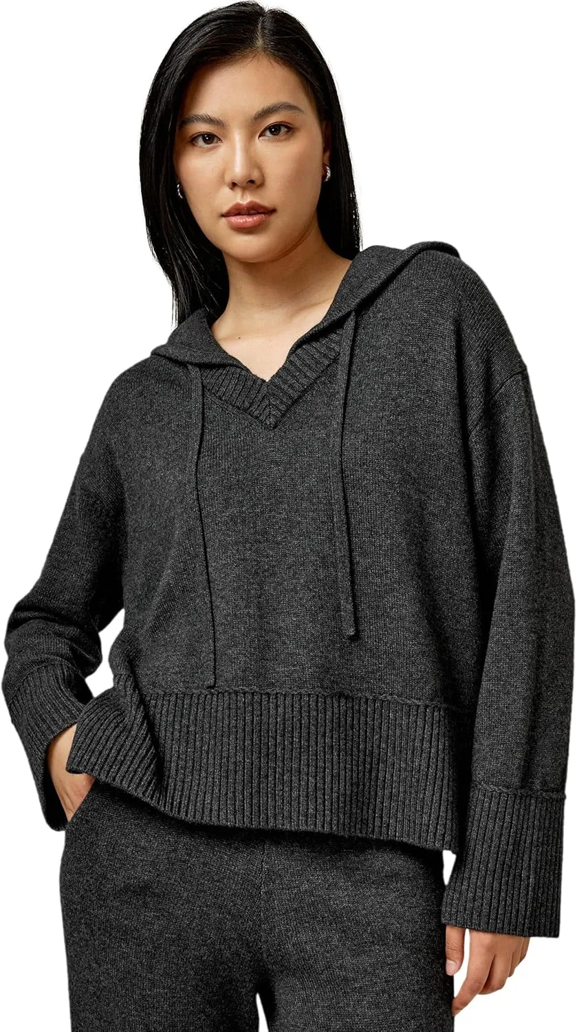 LilySilk Wool Cashmere Blend Hoodie Sweater for Womens V Neck Pullovers Hooded Casual Long Sleeve Knitted Top Winter