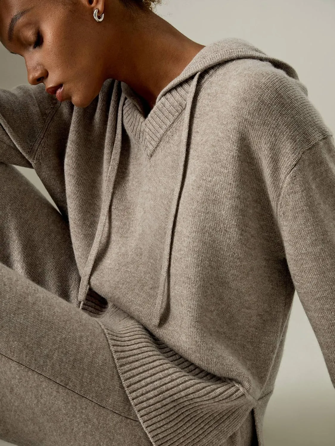 LilySilk Wool Cashmere Blend Hoodie Sweater for Womens V Neck Pullovers Hooded Casual Long Sleeve Knitted Top Winter