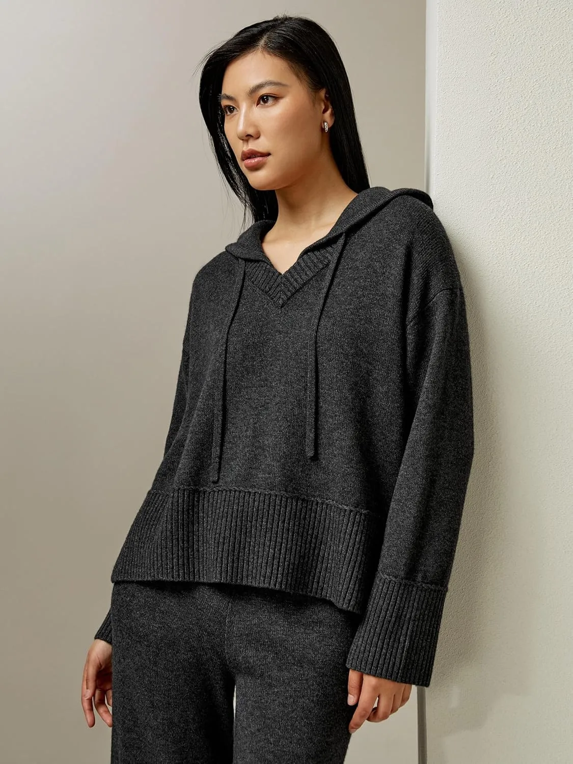 LilySilk Wool Cashmere Blend Hoodie Sweater for Womens V Neck Pullovers Hooded Casual Long Sleeve Knitted Top Winter