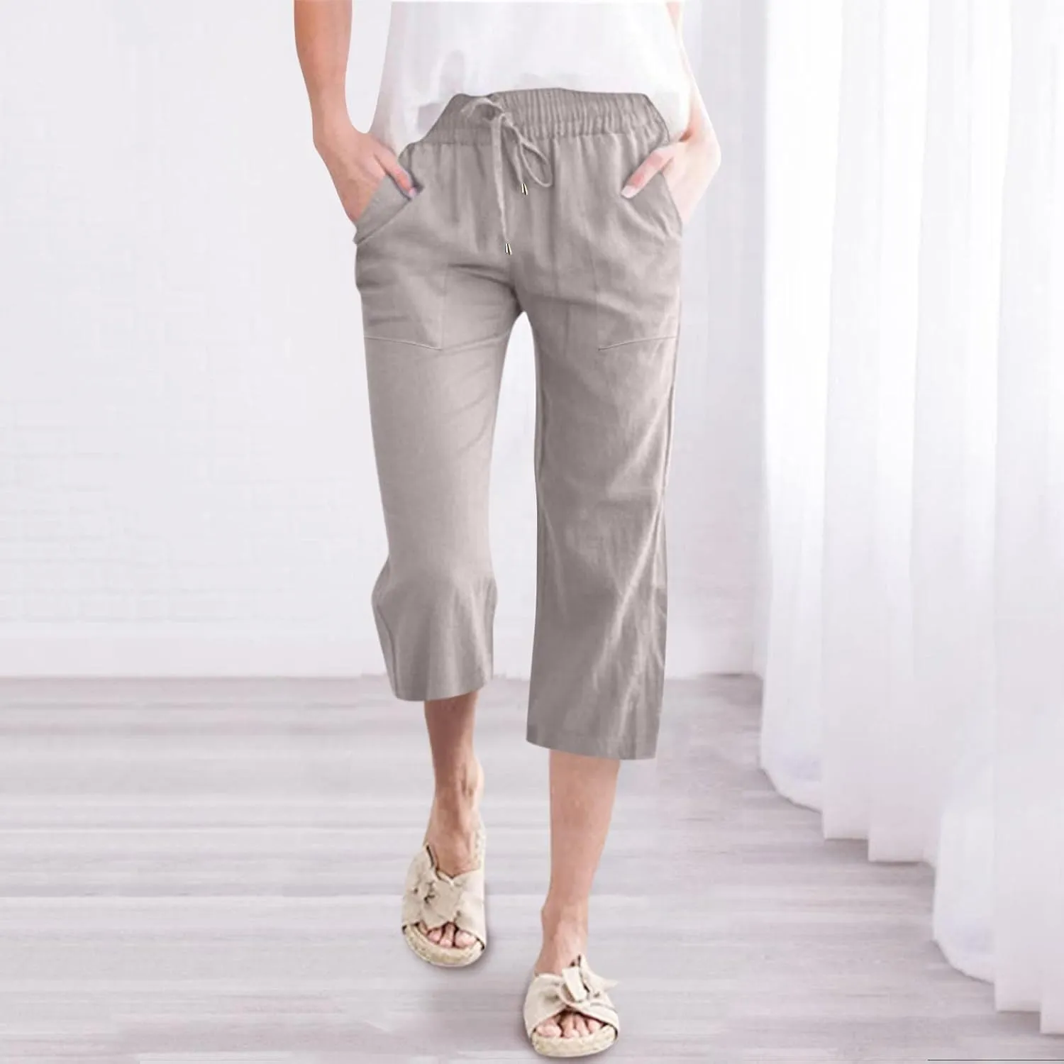 Linen Capri Pants For Women Petite Short Light Weight Casual Summer Straight Leg Cropped Trousers High Waist Pants