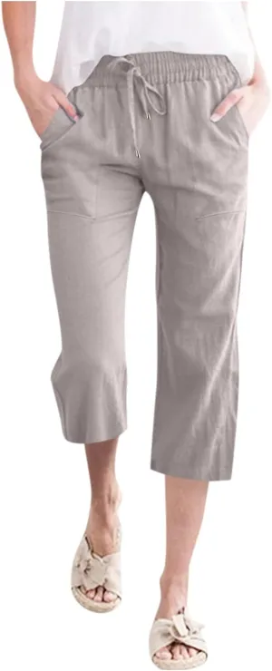 Linen Capri Pants For Women Petite Short Light Weight Casual Summer Straight Leg Cropped Trousers High Waist Pants