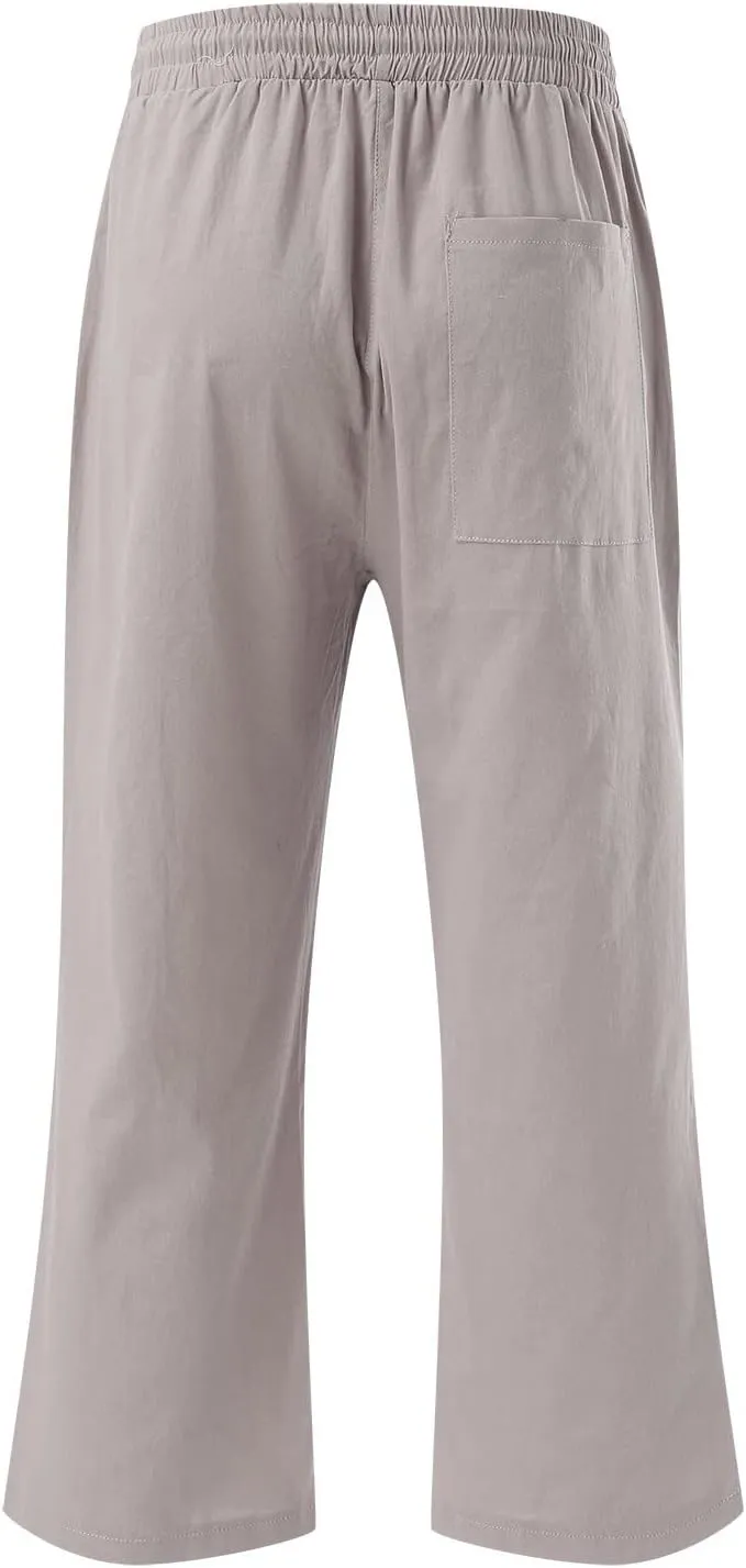 Linen Capri Pants For Women Petite Short Light Weight Casual Summer Straight Leg Cropped Trousers High Waist Pants