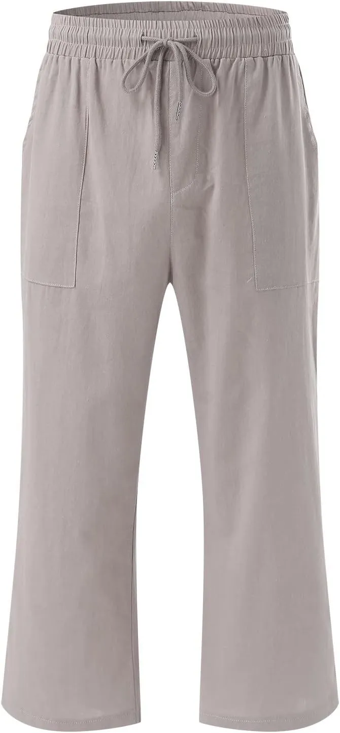 Linen Capri Pants For Women Petite Short Light Weight Casual Summer Straight Leg Cropped Trousers High Waist Pants