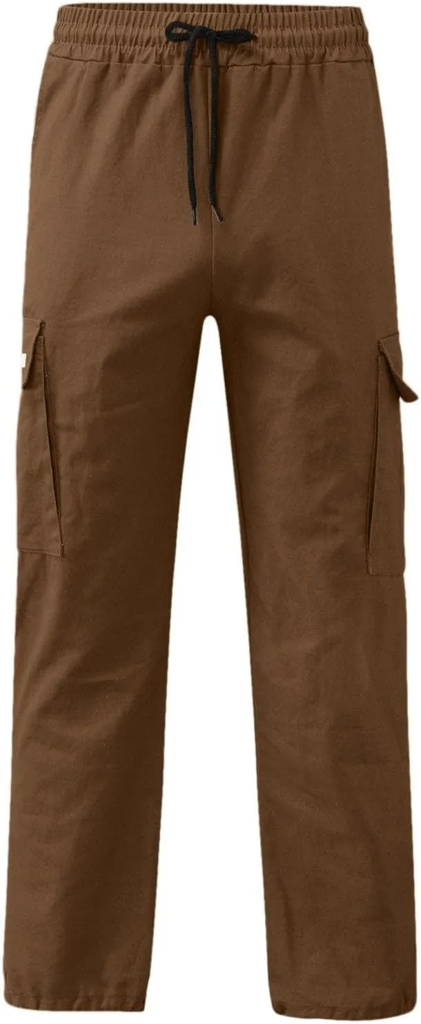 Linen Pants for Men Seasonal Casual Multi-Pocket Sweatpants Foot Rope Waist Tie Solid Pants Plus Size Trousers