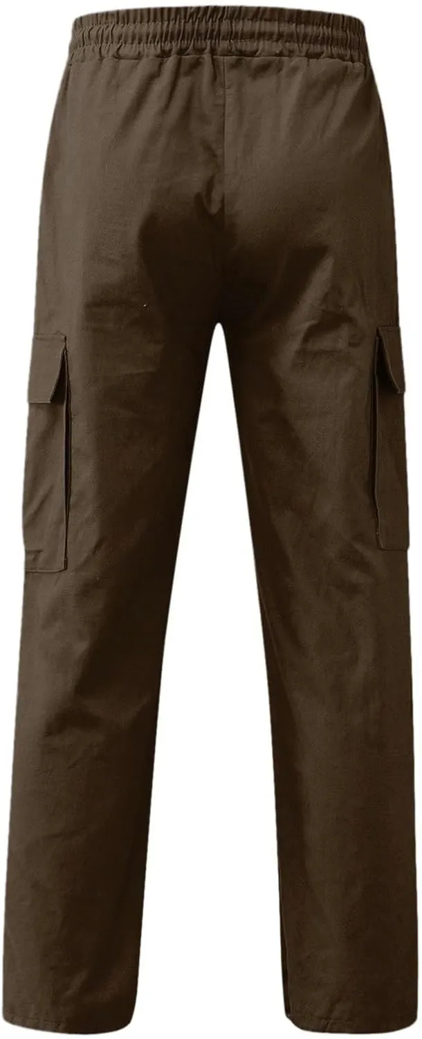 Linen Pants for Men Seasonal Casual Multi-Pocket Sweatpants Foot Rope Waist Tie Solid Pants Plus Size Trousers