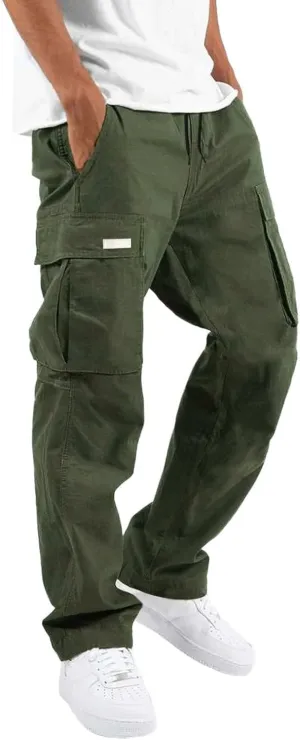 Linen Pants for Men Seasonal Casual Multi-Pocket Sweatpants Foot Rope Waist Tie Solid Pants Plus Size Trousers