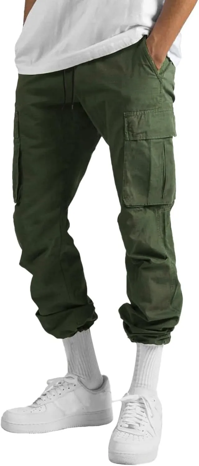 Linen Pants for Men Seasonal Casual Multi-Pocket Sweatpants Foot Rope Waist Tie Solid Pants Plus Size Trousers
