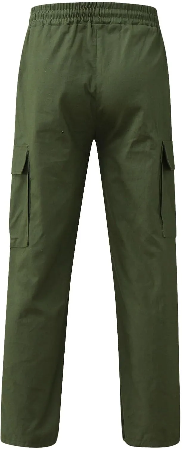 Linen Pants for Men Seasonal Casual Multi-Pocket Sweatpants Foot Rope Waist Tie Solid Pants Plus Size Trousers