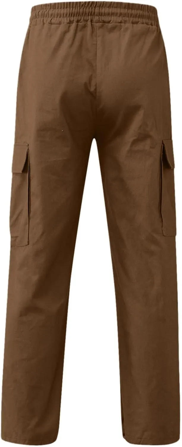 Linen Pants for Men Seasonal Casual Multi-Pocket Sweatpants Foot Rope Waist Tie Solid Pants Plus Size Trousers