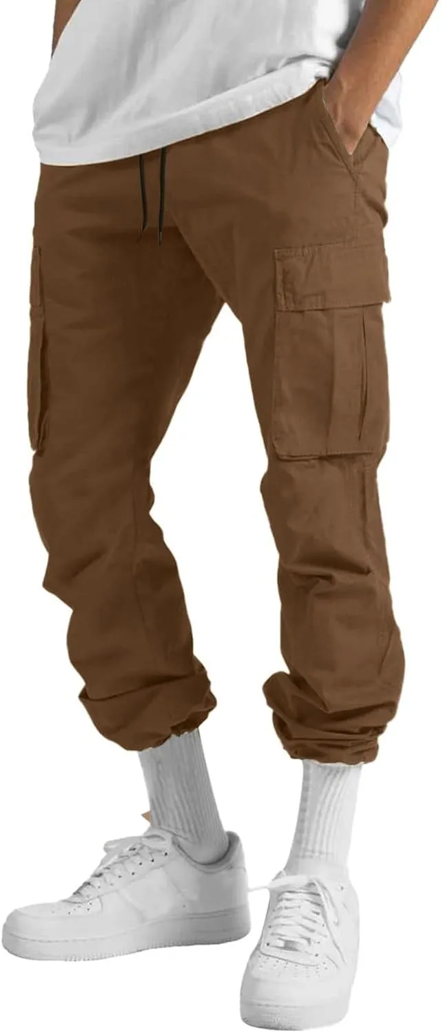 Linen Pants for Men Seasonal Casual Multi-Pocket Sweatpants Foot Rope Waist Tie Solid Pants Plus Size Trousers