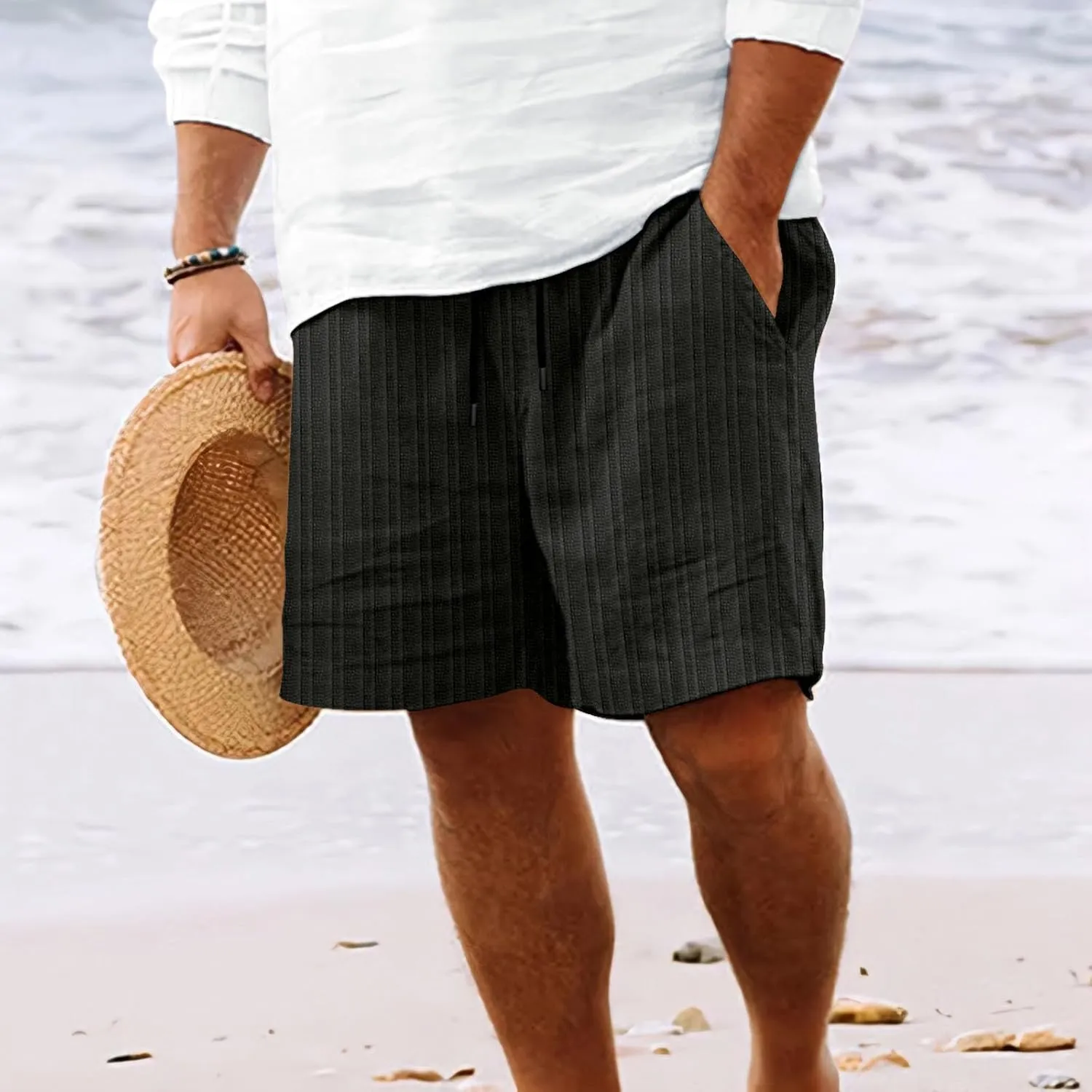 Linen Shorts for Men Loose 3/4 Shorts Drawstring Elastic Waist Baggy Wide Leg Casual Beach Yoga Trousers Men's Men's