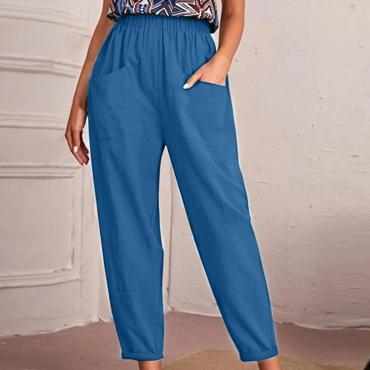 Linen Summer Pants Women Casual Baggy Elastic Waist Trouser Wide Leg Pant with Pocket Tailored Linen Pants for Women