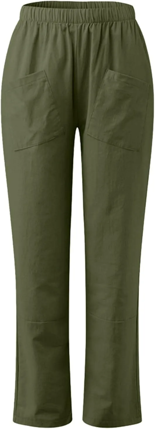 Linen Summer Pants Women Casual Baggy Elastic Waist Trouser Wide Leg Pant with Pocket Tailored Linen Pants for Women