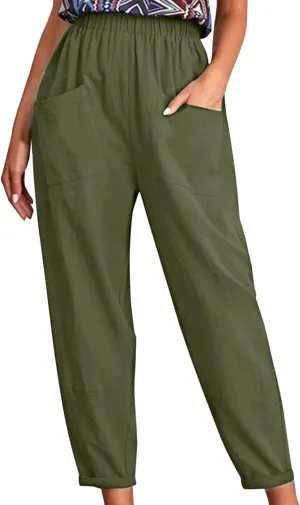Linen Summer Pants Women Casual Baggy Elastic Waist Trouser Wide Leg Pant with Pocket Tailored Linen Pants for Women
