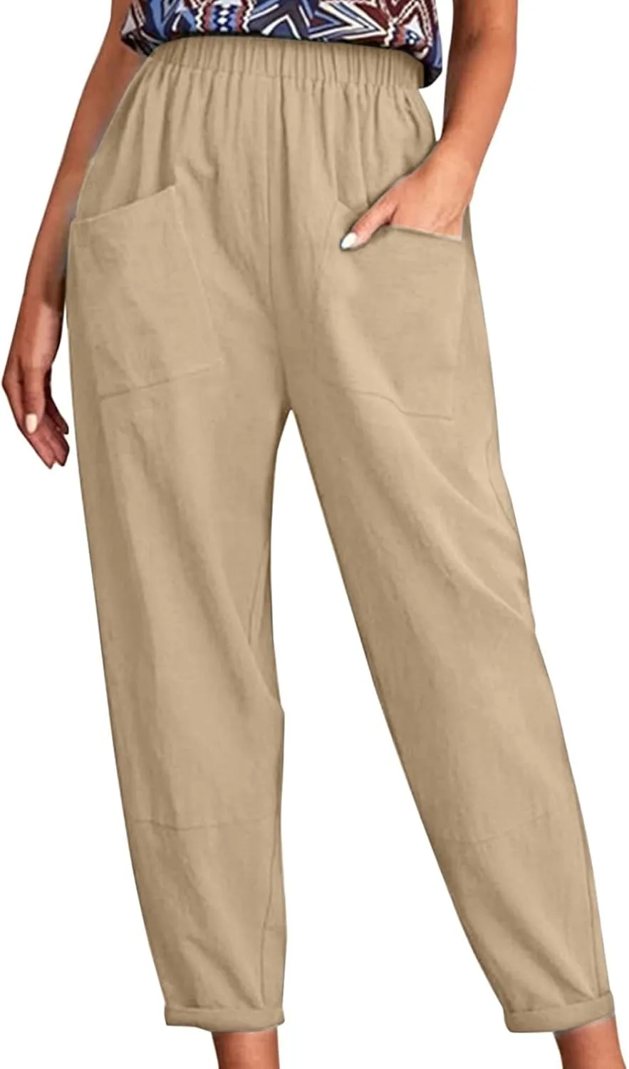 Linen Summer Pants Women Casual Baggy Elastic Waist Trouser Wide Leg Pant with Pocket Tailored Linen Pants for Women