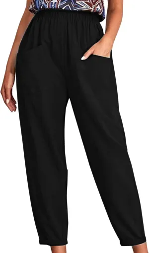 Linen Summer Pants Women Casual Baggy Elastic Waist Trouser Wide Leg Pant with Pocket Tailored Linen Pants for Women