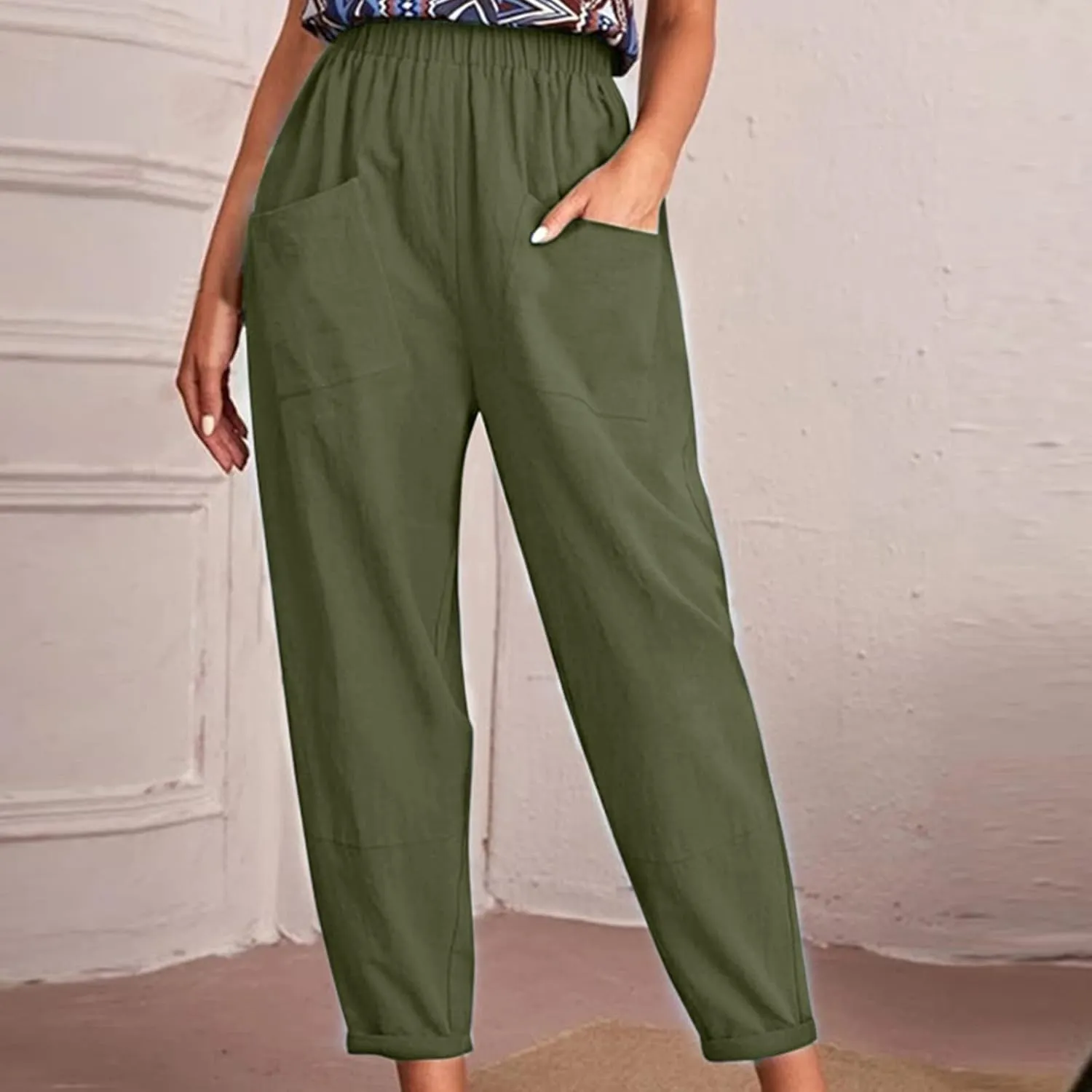 Linen Summer Pants Women Casual Baggy Elastic Waist Trouser Wide Leg Pant with Pocket Tailored Linen Pants for Women