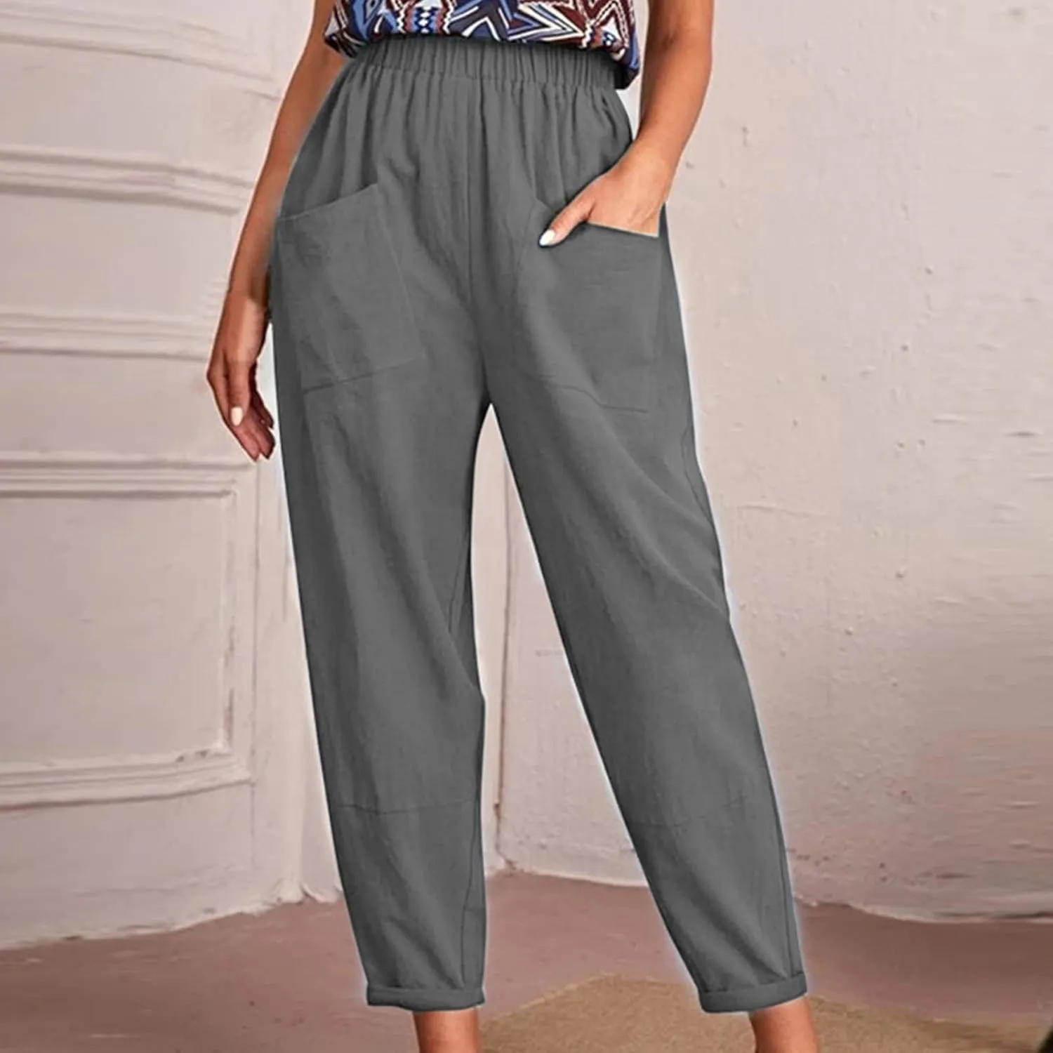 Linen Summer Pants Women Casual Baggy Elastic Waist Trouser Wide Leg Pant with Pocket Tailored Linen Pants for Women