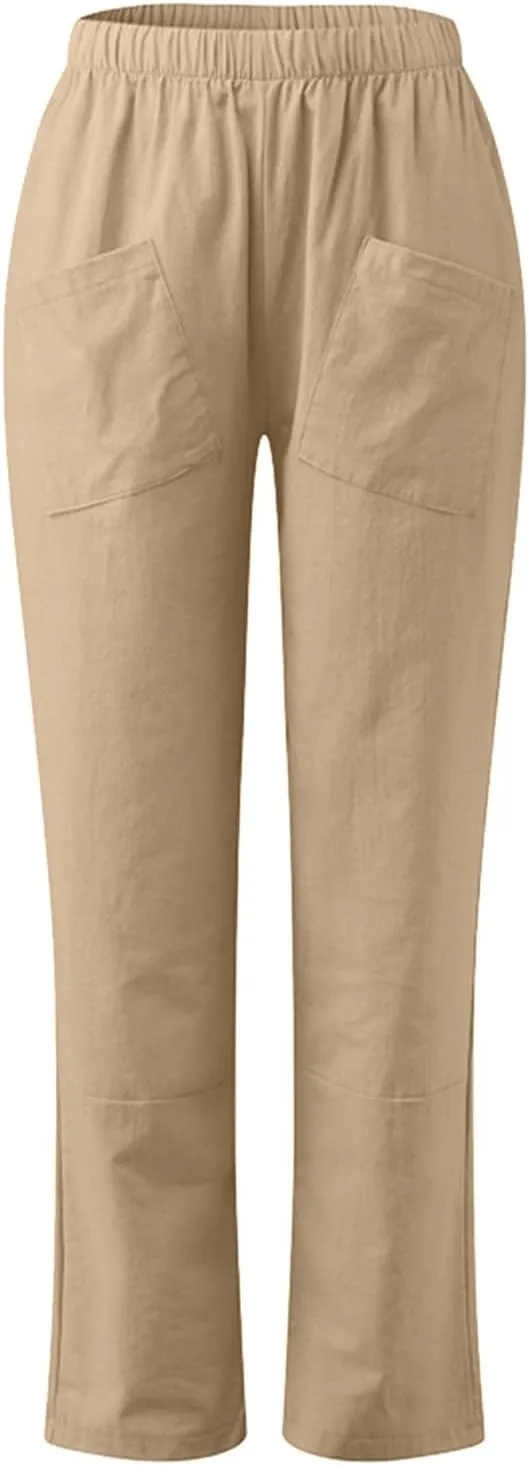 Linen Summer Pants Women Casual Baggy Elastic Waist Trouser Wide Leg Pant with Pocket Tailored Linen Pants for Women