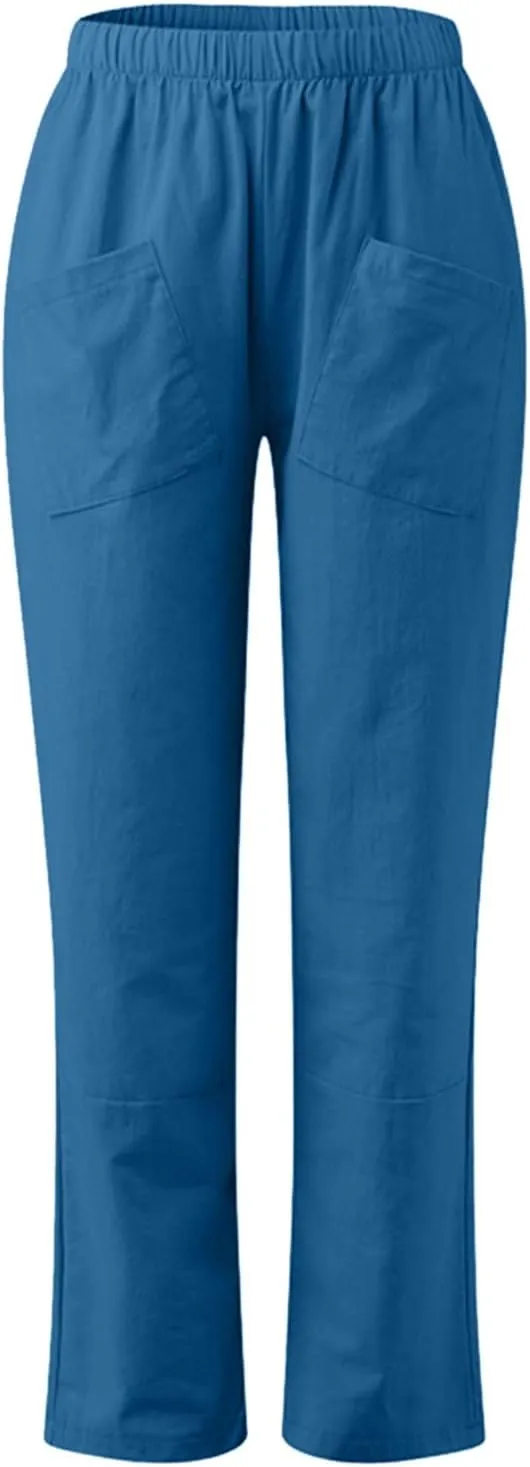 Linen Summer Pants Women Casual Baggy Elastic Waist Trouser Wide Leg Pant with Pocket Tailored Linen Pants for Women