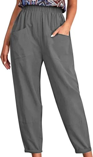 Linen Summer Pants Women Casual Baggy Elastic Waist Trouser Wide Leg Pant with Pocket Tailored Linen Pants for Women