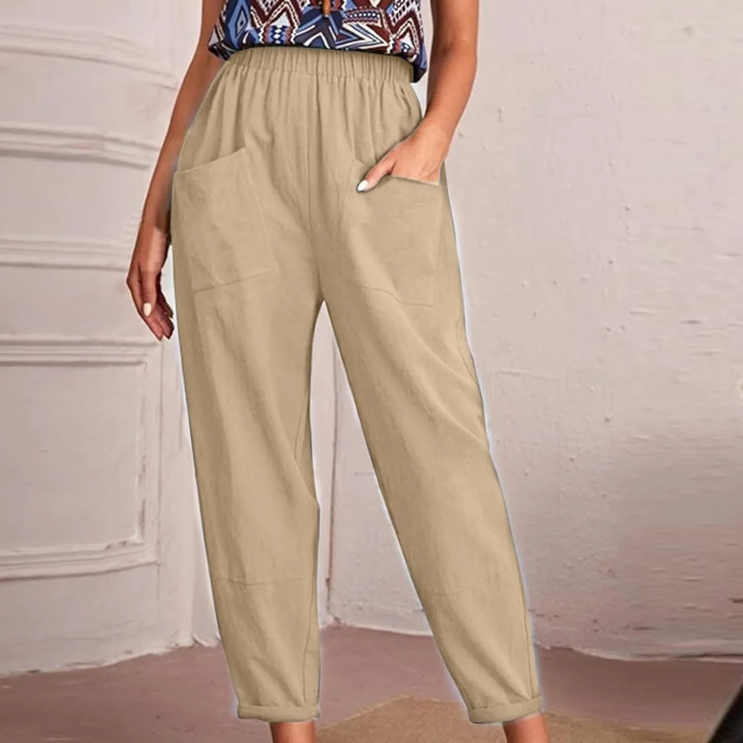 Linen Summer Pants Women Casual Baggy Elastic Waist Trouser Wide Leg Pant with Pocket Tailored Linen Pants for Women