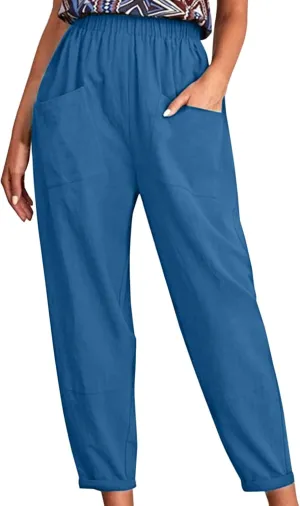 Linen Summer Pants Women Casual Baggy Elastic Waist Trouser Wide Leg Pant with Pocket Tailored Linen Pants for Women