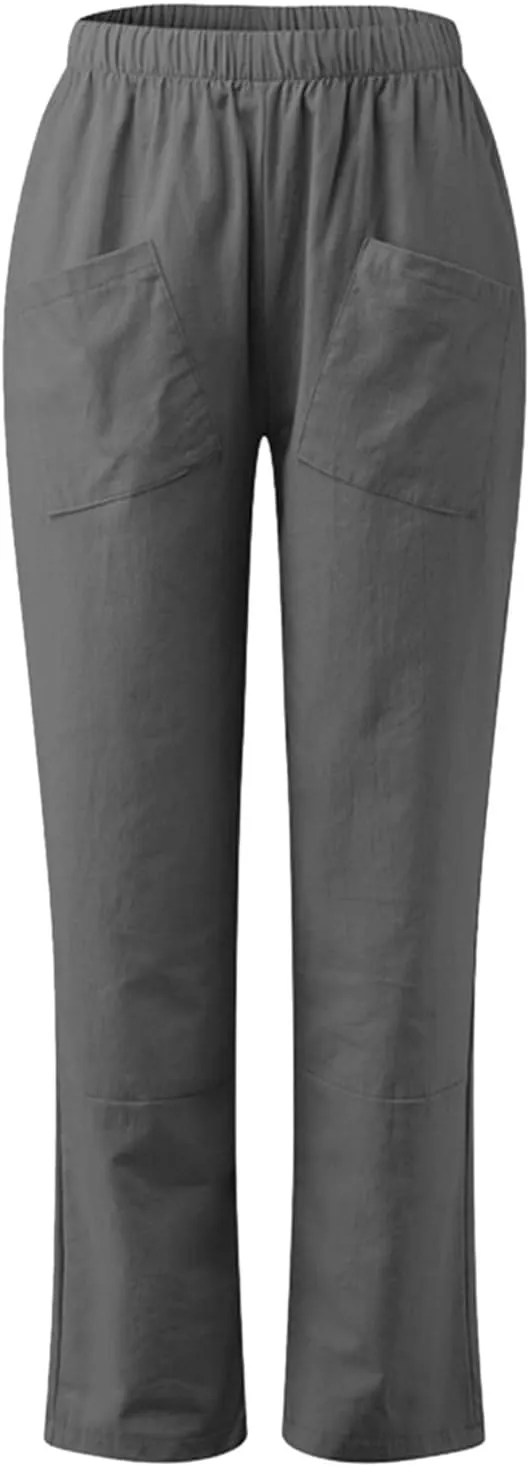 Linen Summer Pants Women Casual Baggy Elastic Waist Trouser Wide Leg Pant with Pocket Tailored Linen Pants for Women