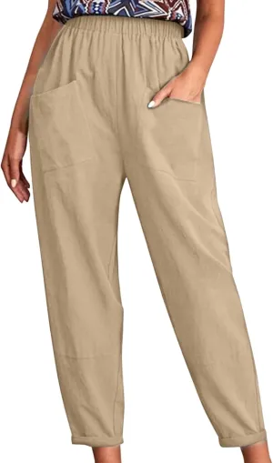 Linen Summer Pants Women Casual Baggy Elastic Waist Trouser Wide Leg Pant with Pocket Tailored Linen Pants for Women