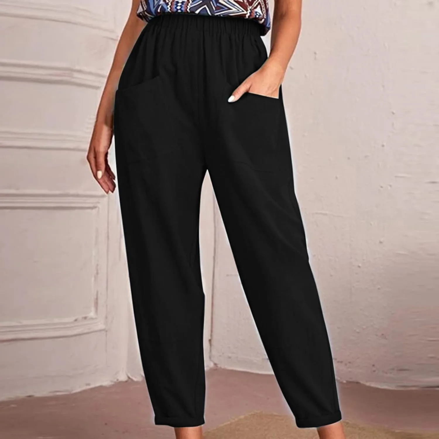 Linen Summer Pants Women Casual Baggy Elastic Waist Trouser Wide Leg Pant with Pocket Tailored Linen Pants for Women