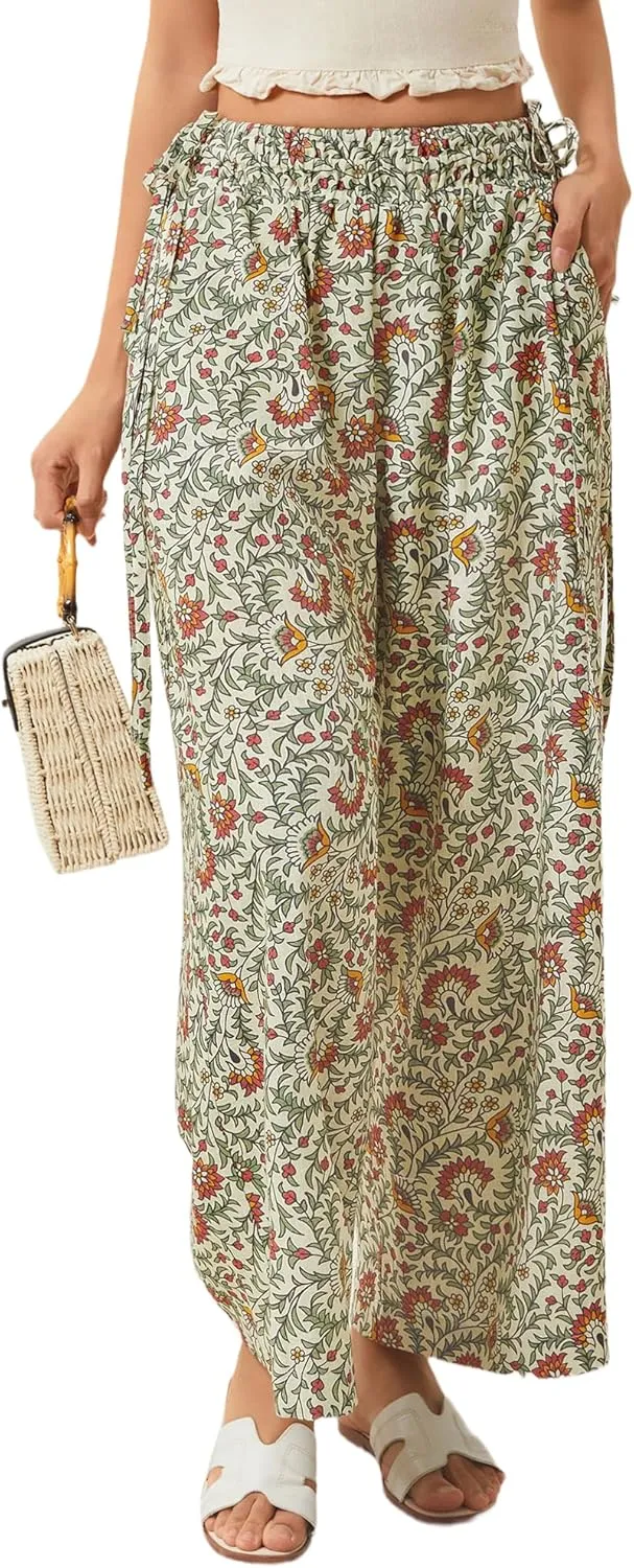 LOLOCCI Women Wide Leg Linen Pants Flowy Palazzo Casual Trousers Tropical Adjustable Knot Elastic High Waisted with Pockets