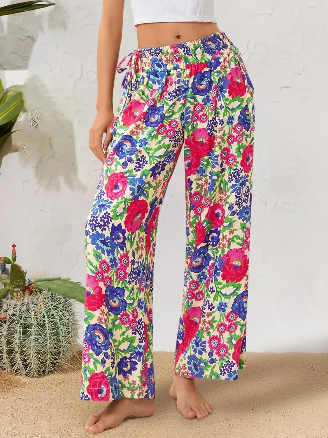 LOLOCCI Women Wide Leg Linen Pants Flowy Palazzo Casual Trousers Tropical Adjustable Knot Elastic High Waisted with Pockets