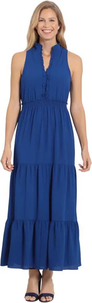 London Times Women's Easy Feminine Versatile Smocked Waist Ruffle Neckline
